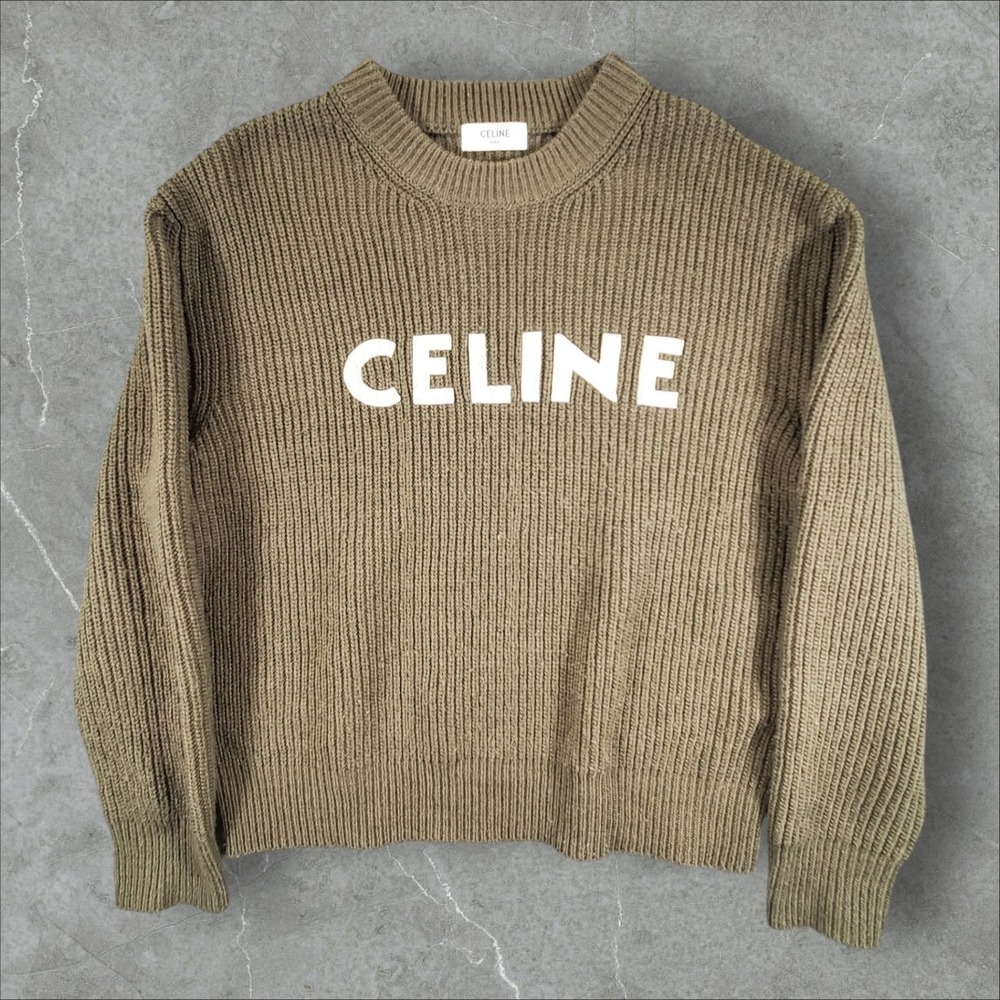 Celine Ribbed Knit Sweater Mens XS Olive Green Logo Applique Cotton Italy